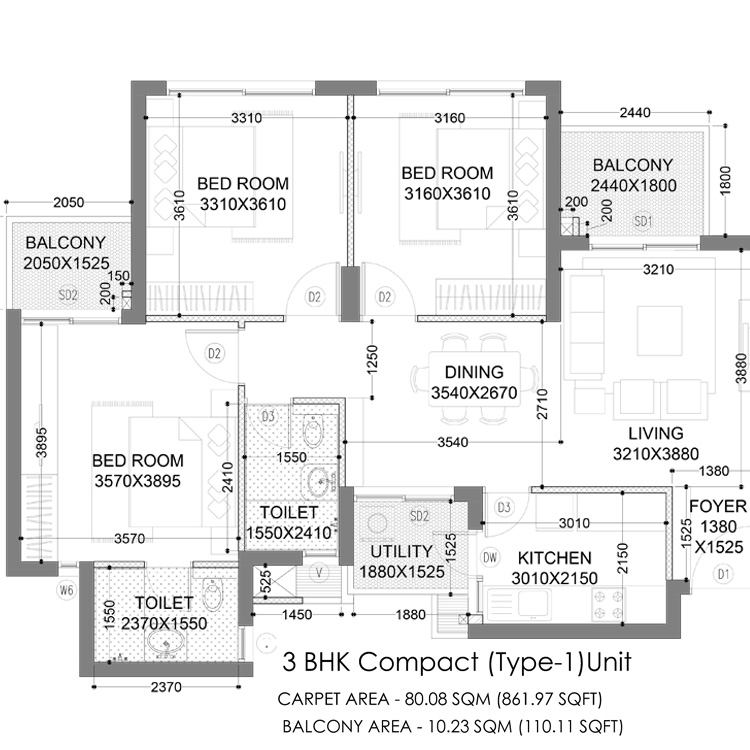 Hero Homes Floor Plan Layout 3 BHK 1359 SqFt