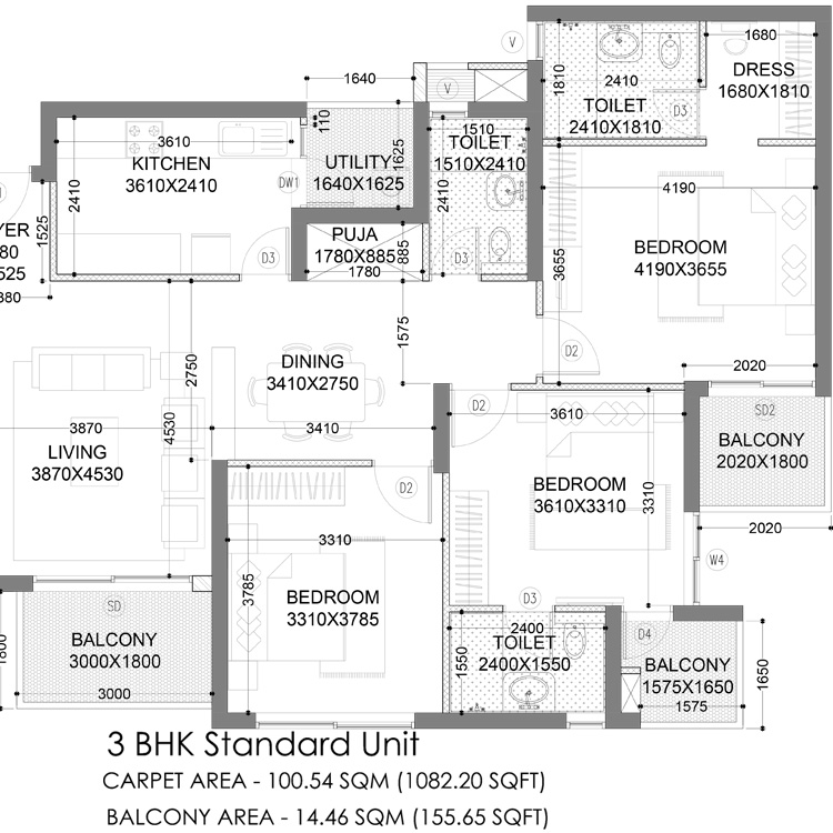 Hero Homes Floor Plan Layout 3 BHK 1689 SqFt